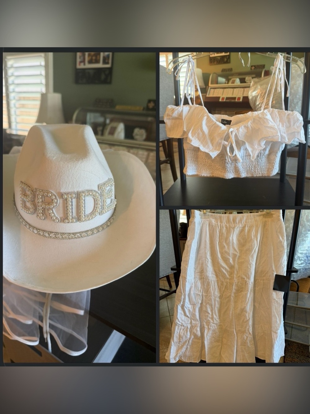 Lulus White Tie-Strap Two-Piece Midi Dress, Sz L, W/Bride Cowboy Hat